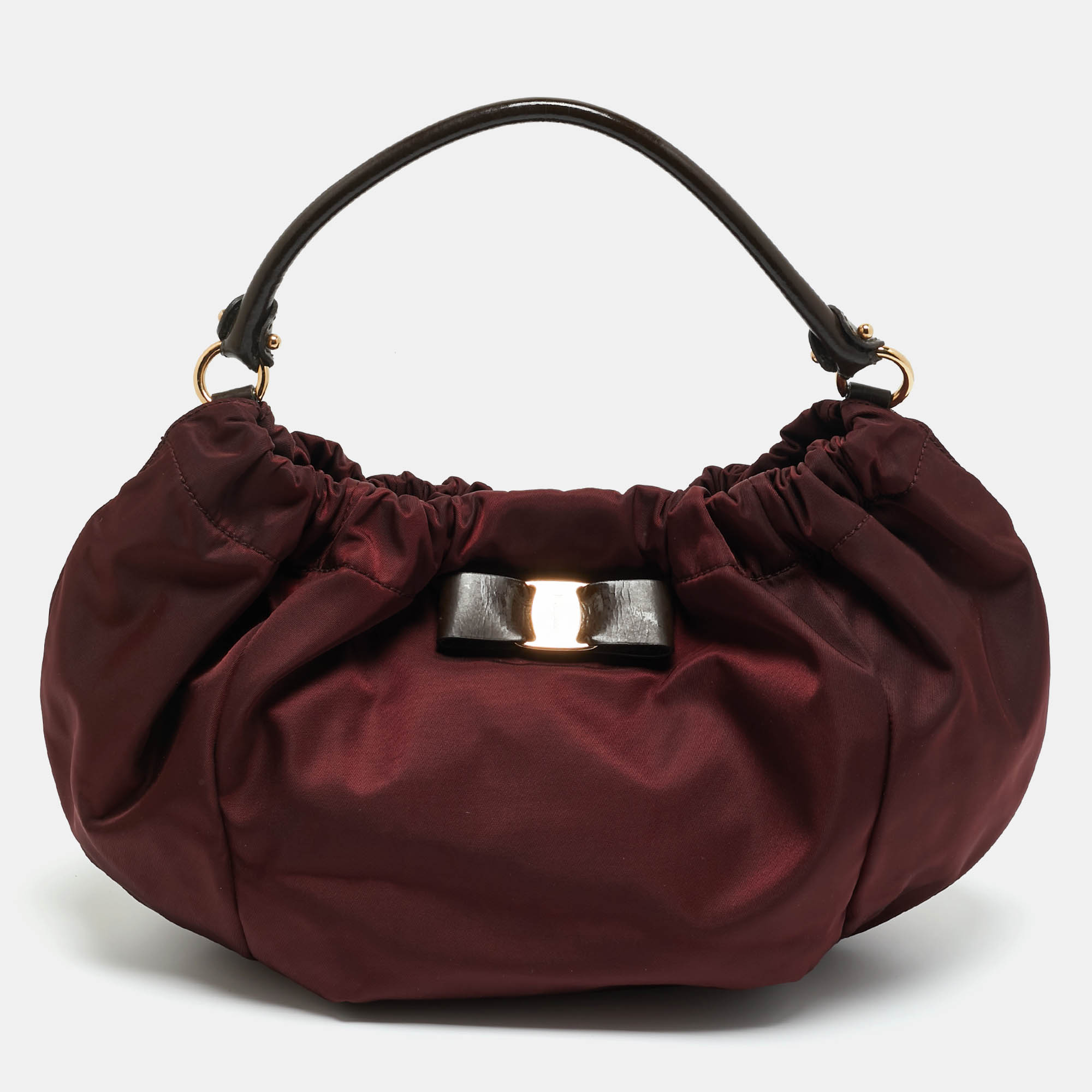 Pre-owned Ferragamo Burgundy/brown Nylon And Patent Leather Vara Bow Hobo