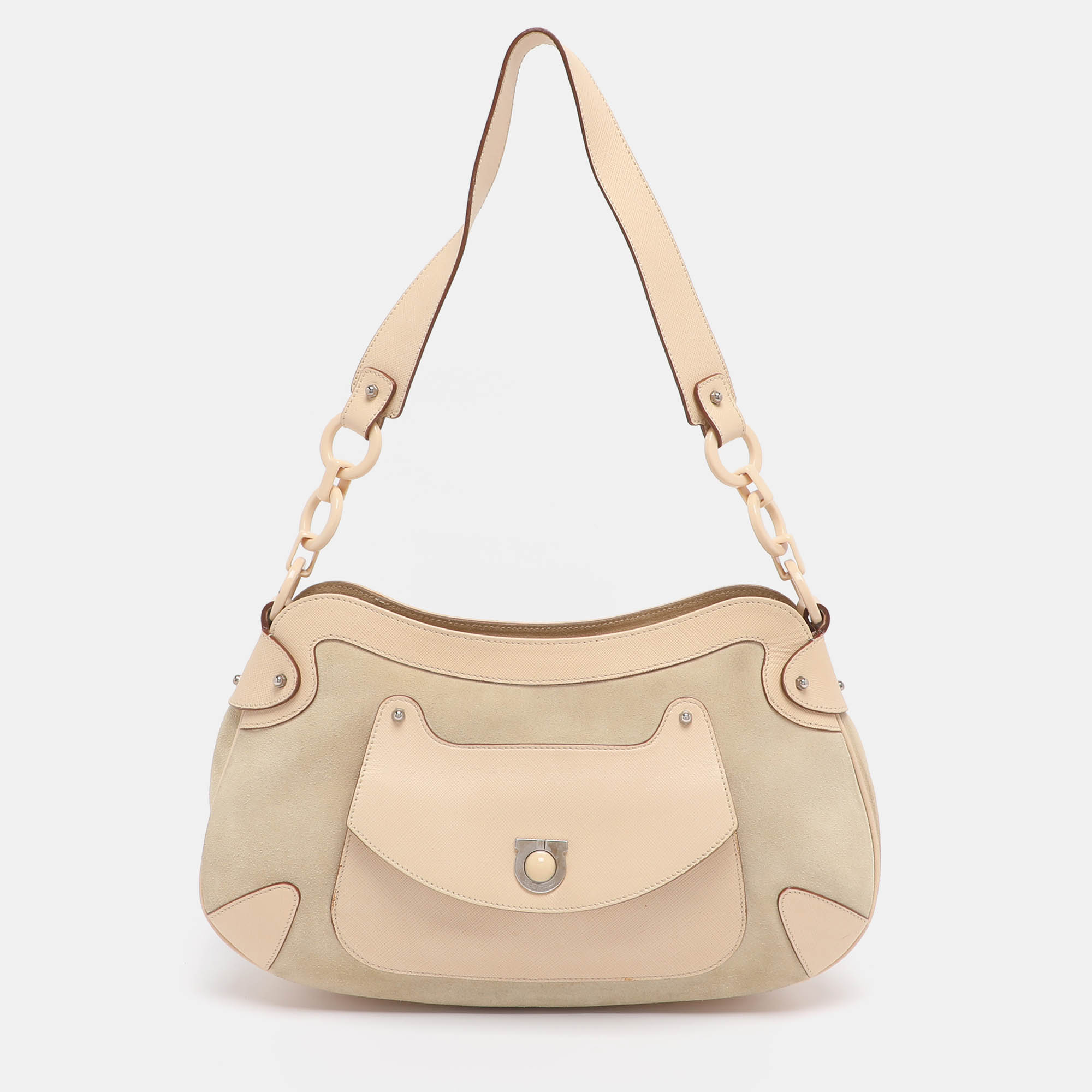 

Salvatore Ferragamo Beige Leather and Suede Gancini Shoulder Bag