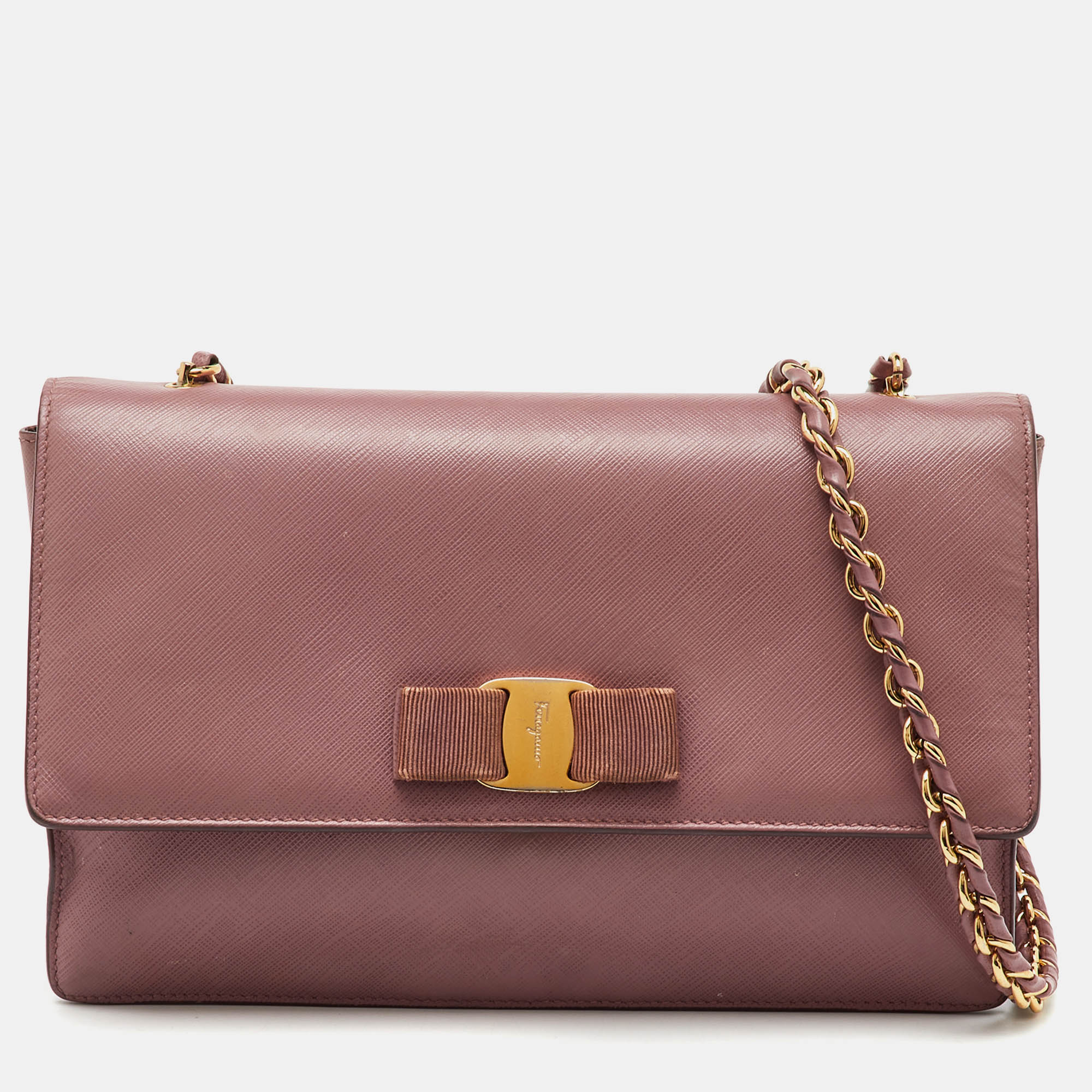 Pre-owned Ferragamo Pink Saffiano Leather Vara Bow Chain Flap Shoulder Bag