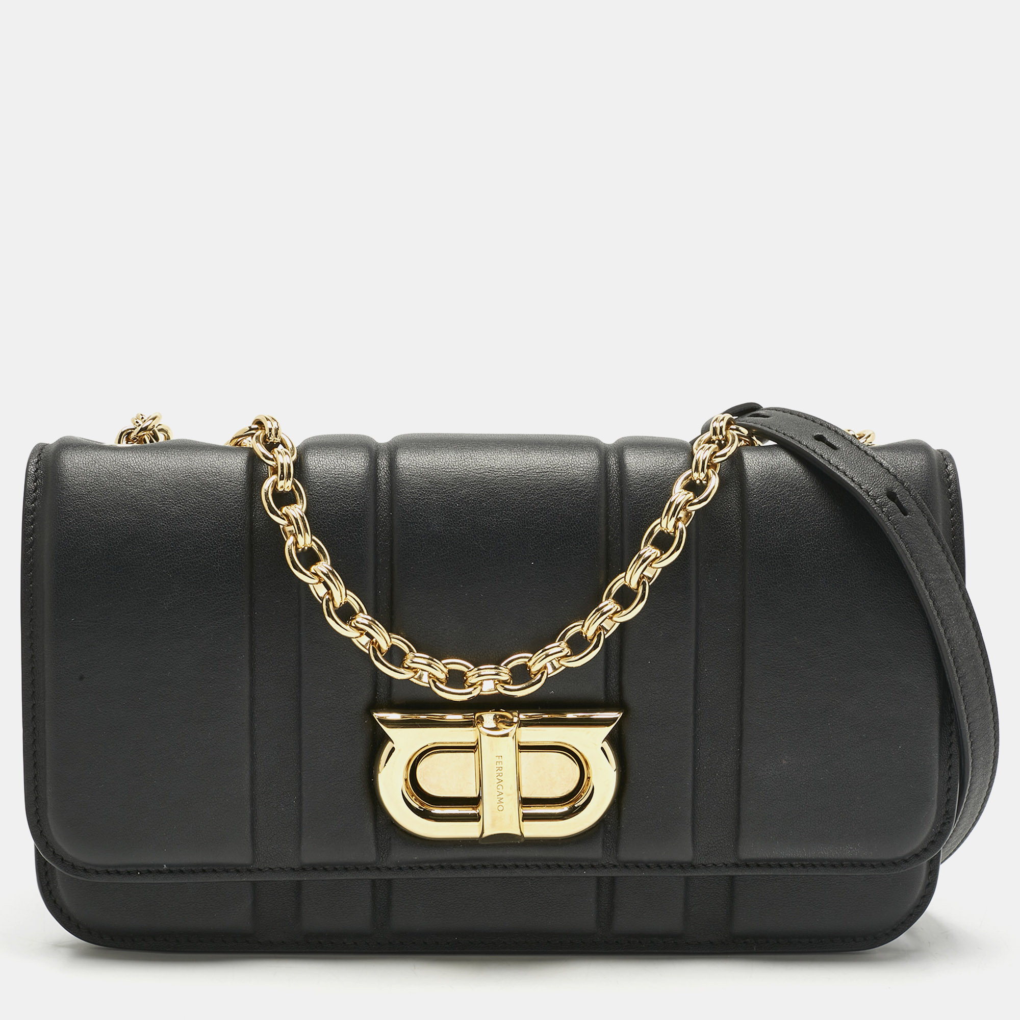

Salvatore Ferragamo Black Embossed Leather Gancini Shoulder Bag