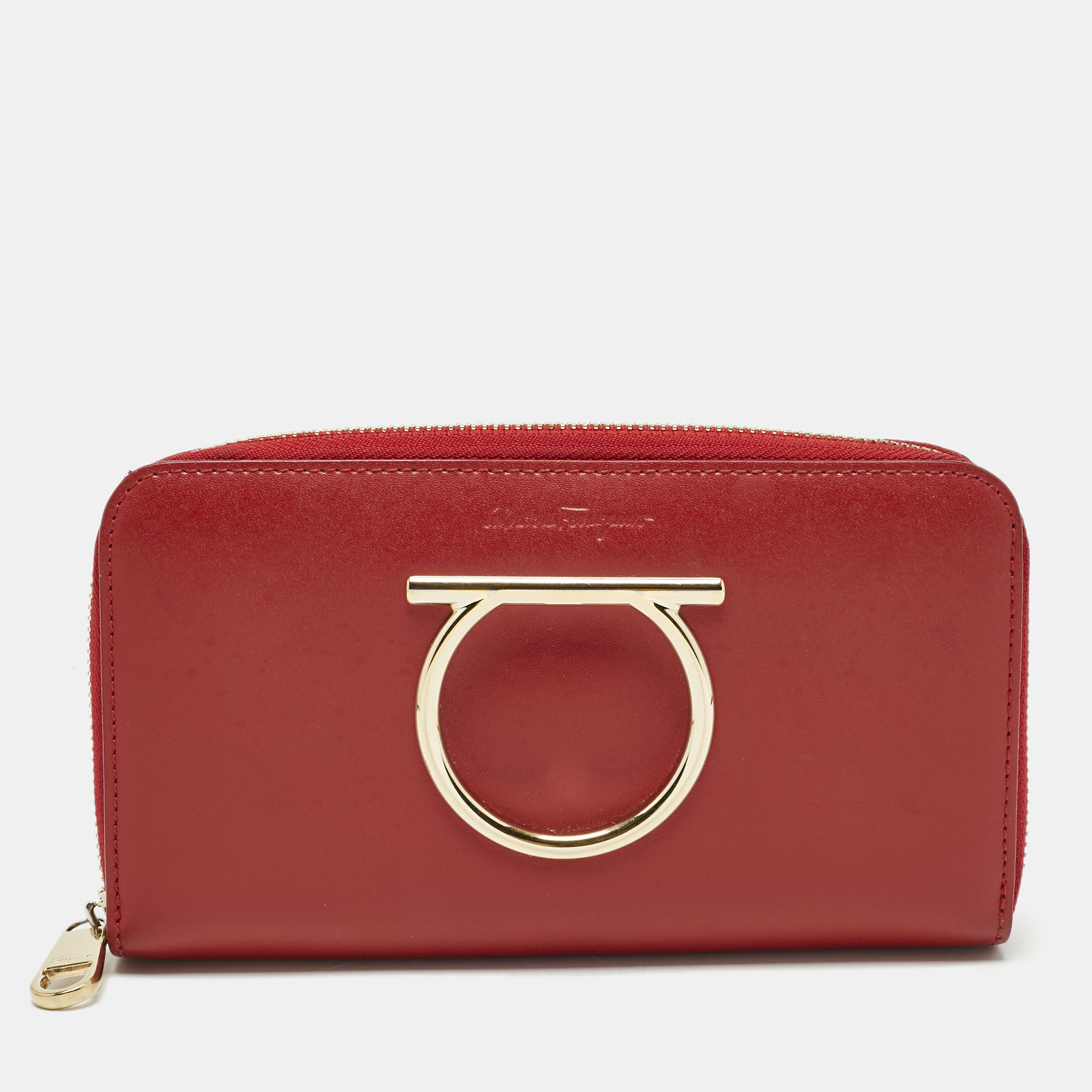 Pre-owned Ferragamo Red Leather Gancini Zip Around Long Wallet