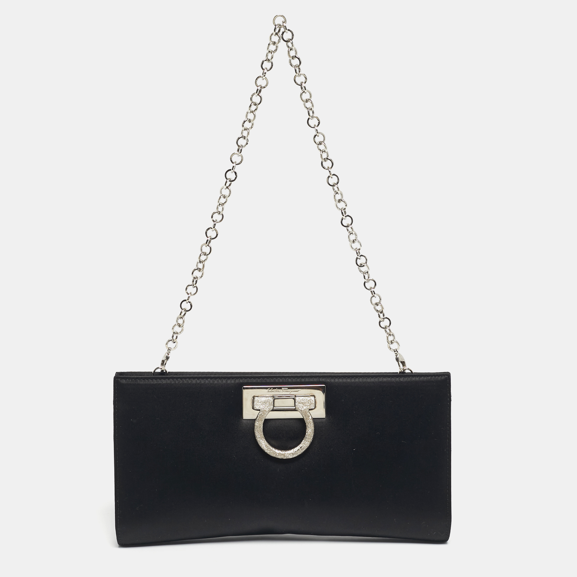 

Salvatore Ferragamo Black Satin Norina Chain Clutch