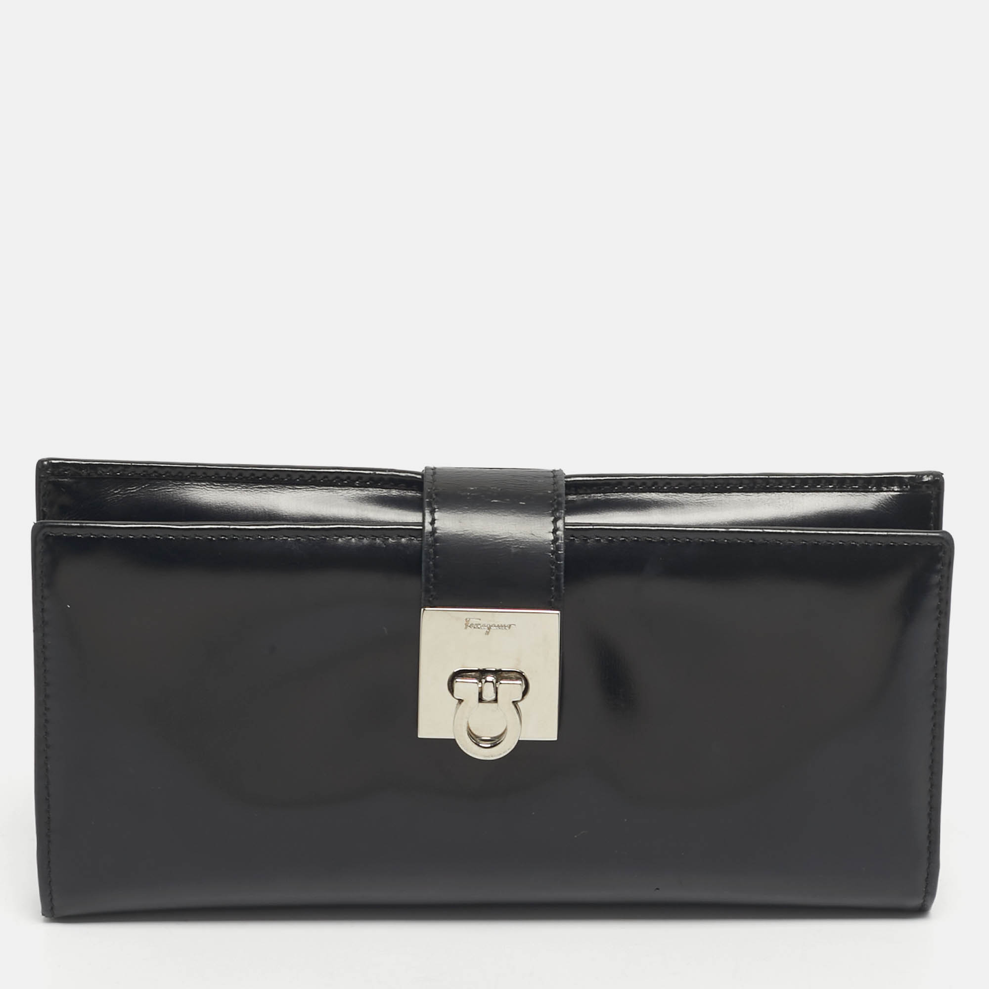 Pre-owned Ferragamo Black Glossy Leather Gancini Continental Wallet