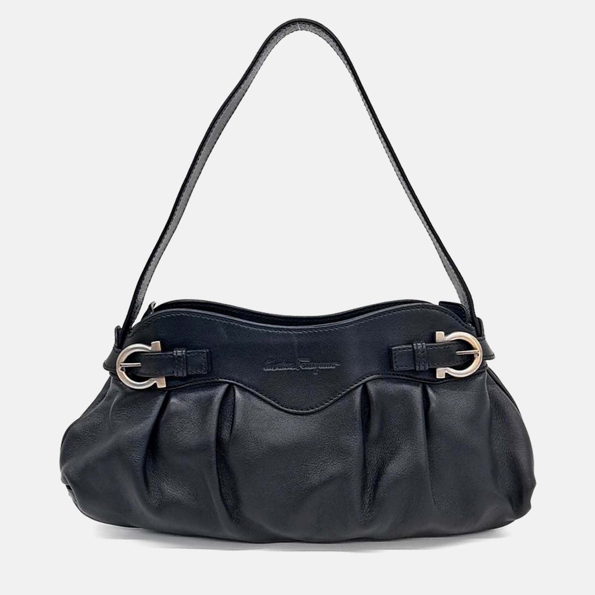

Salvatore Ferragamo Black Leather Bronze Shoulder Bag