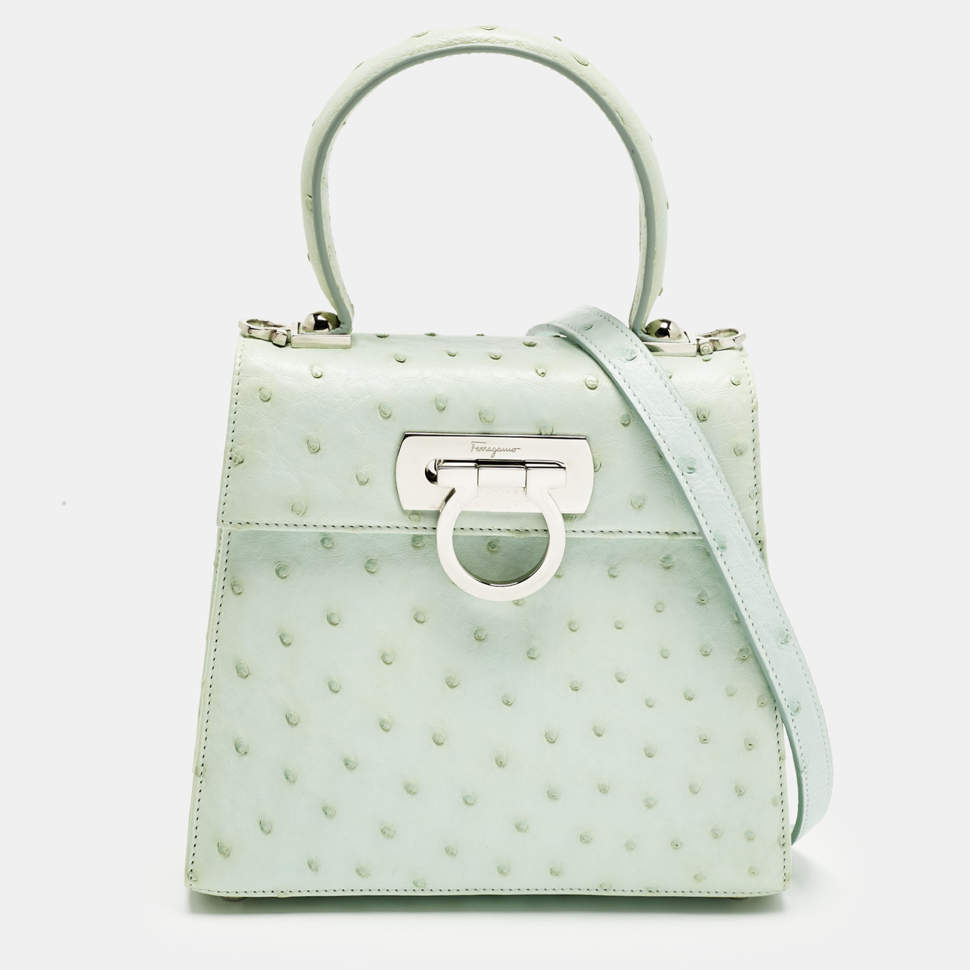 

Salvatore Ferragamo Ghiacciaio Blue Aura Ostrich  Iconic Top Handle Bag, Green