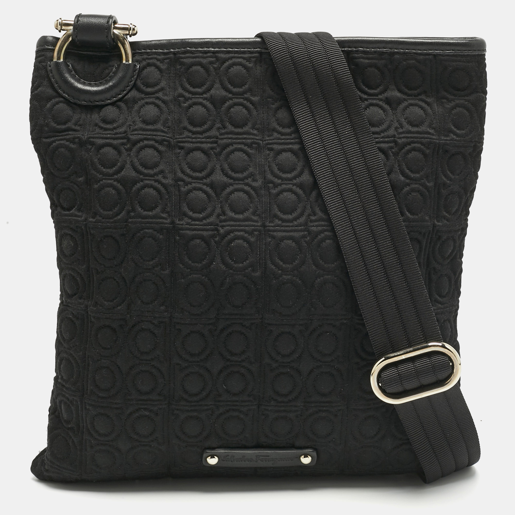 Pre-owned Ferragamo Black Gancini Embossed Fabric Flat Messenger Bag