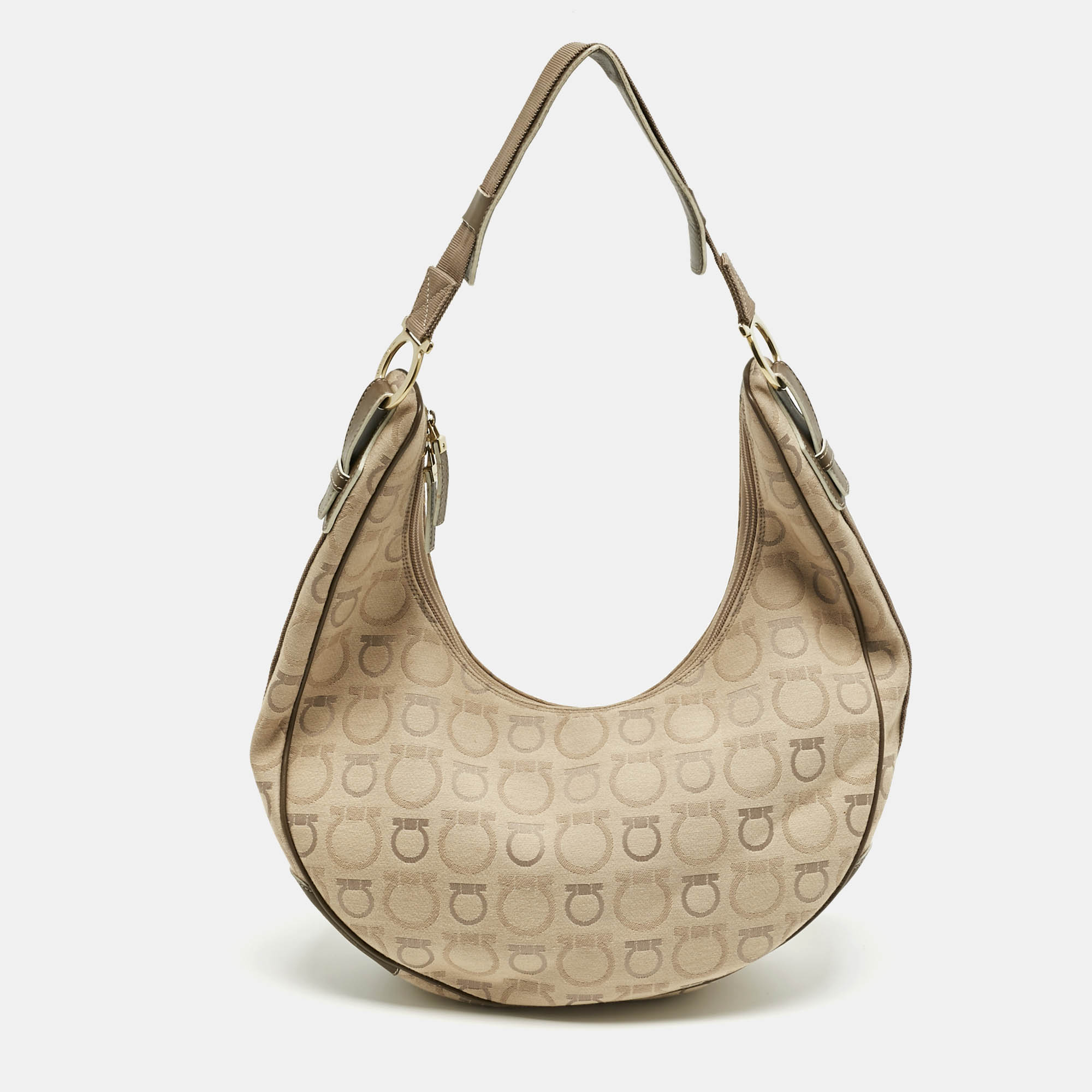 

Salvatore Ferragamo Beige Gancini Printed Fabric and Leather Hobo