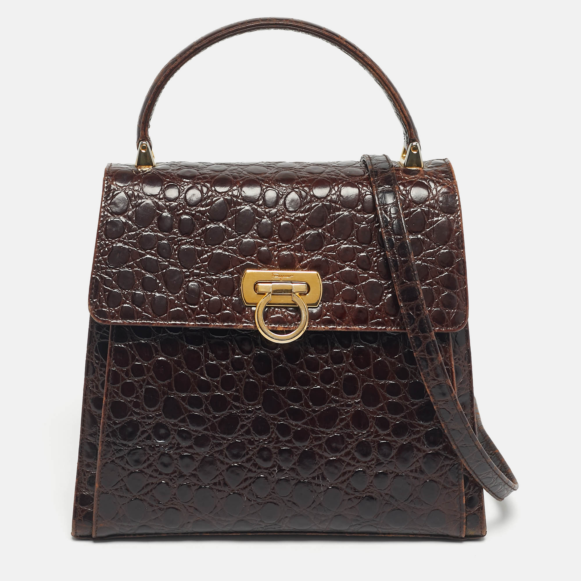 

Salvatore Ferragamo Dark Brown Crocodile Kelly Top Handle Bag
