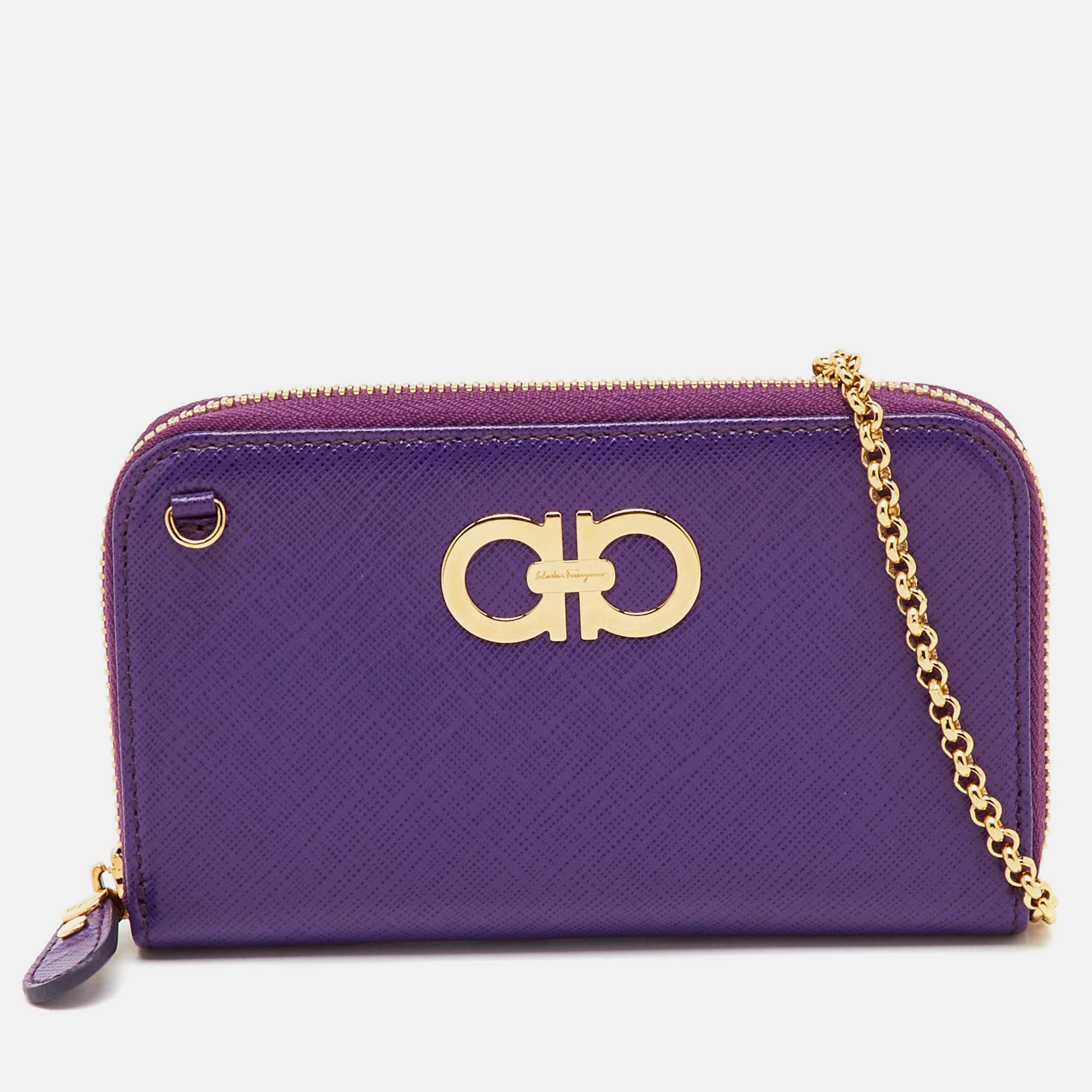 Pre-owned Ferragamo Purple Leather Gancio Cip Around Wallet On Chain