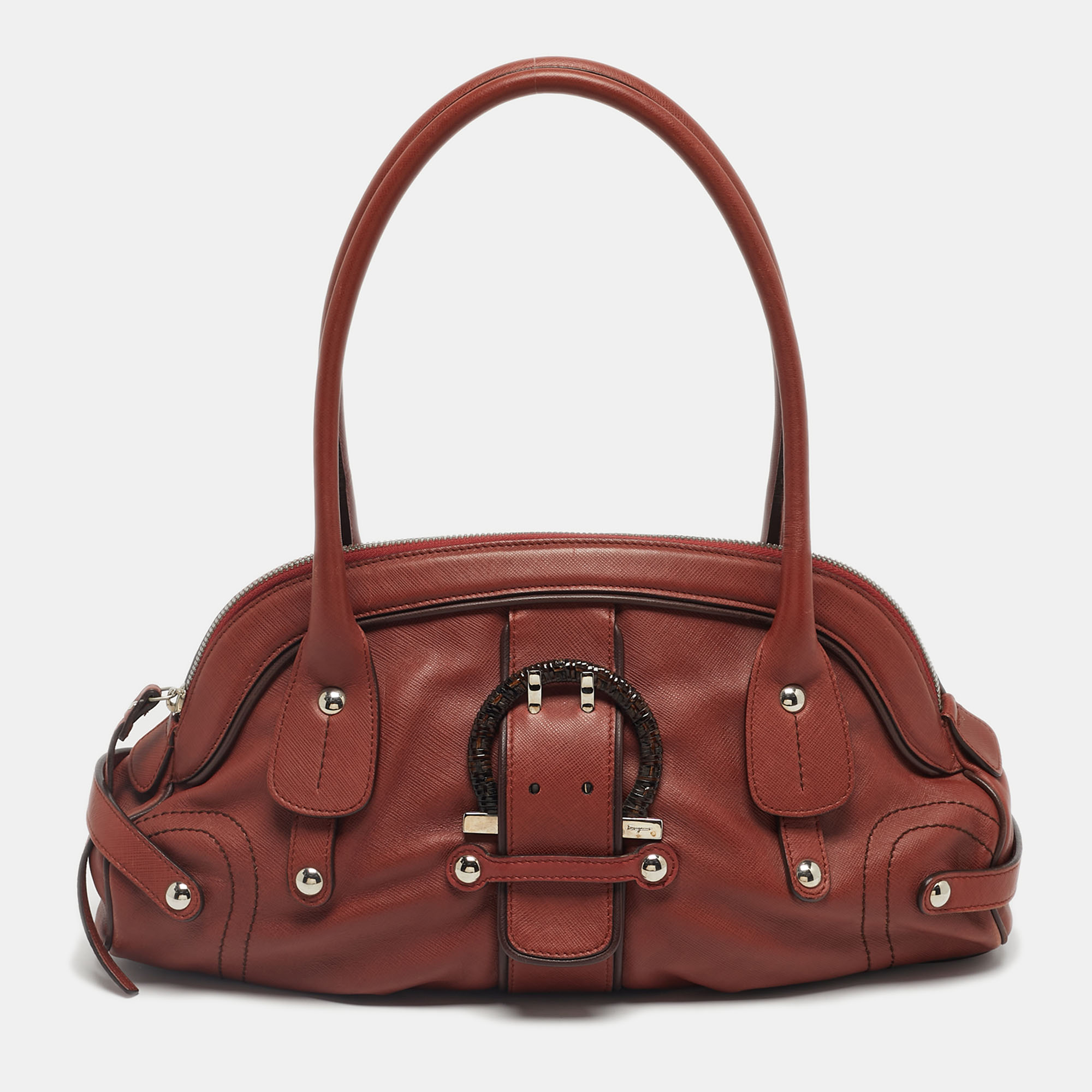 Pre-owned Ferragamo Brick Brown Leather Gancini Buckle Satchel