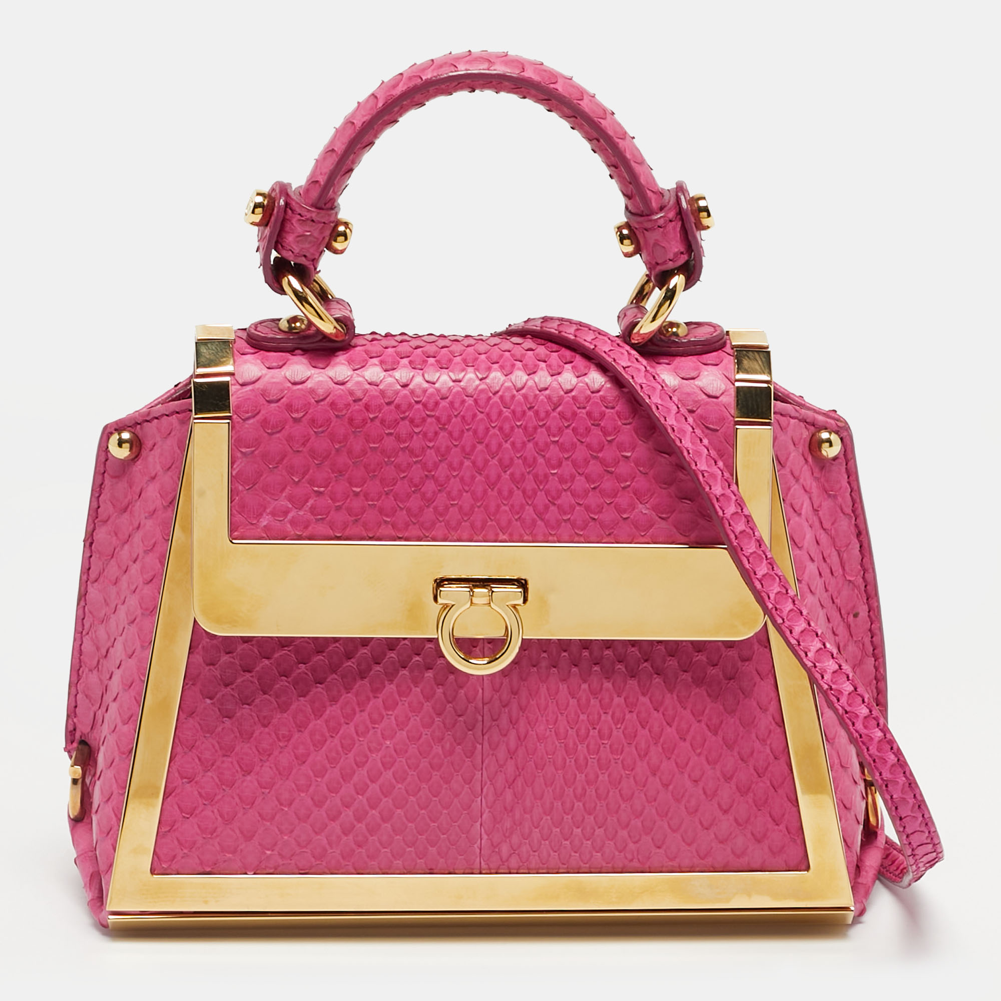 

Salvatore Ferragamo Pink Python and Metal Mini Sofia Top Handle Bag