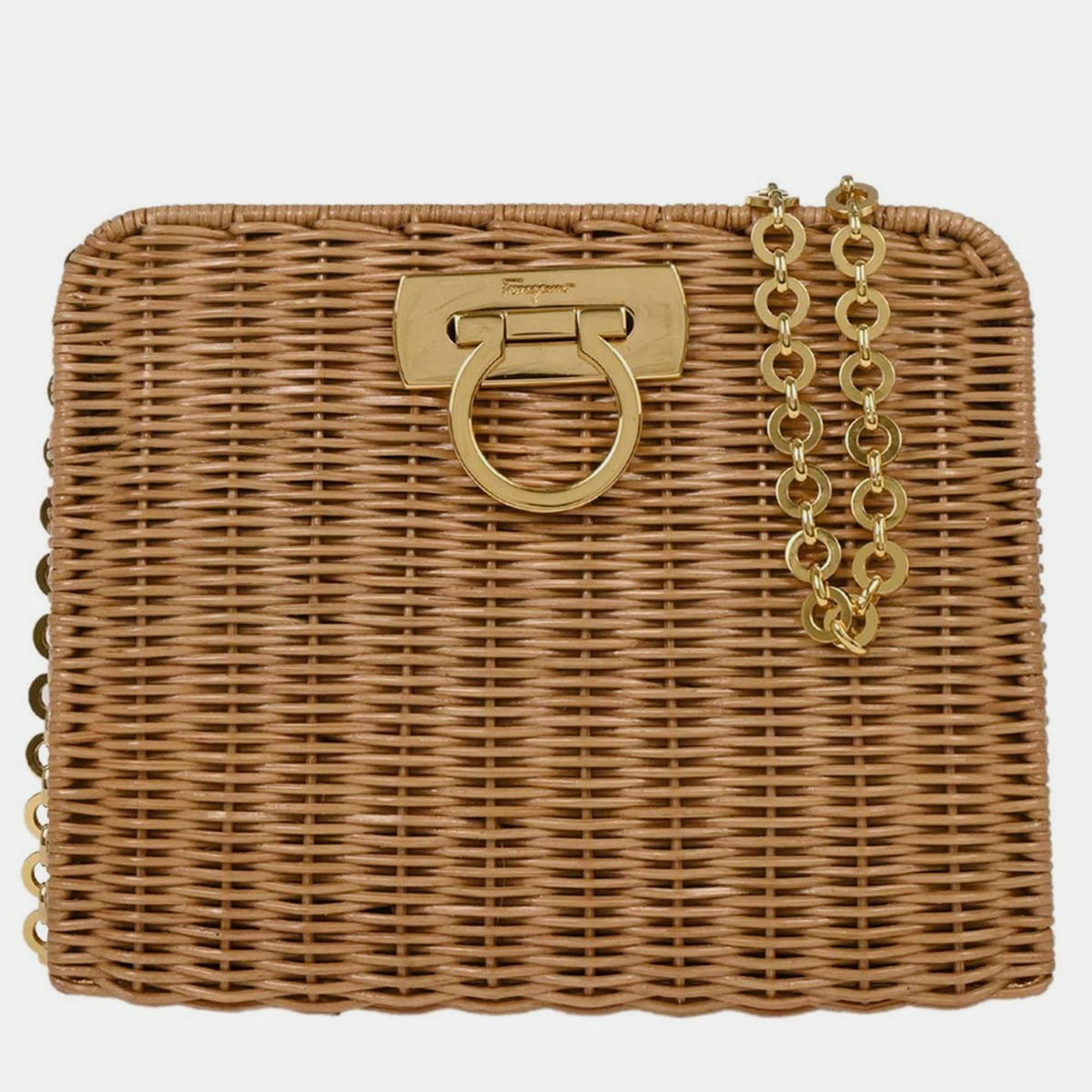 

Salvatore Ferragamo Beige Rattan Gancini Shoulder Bag