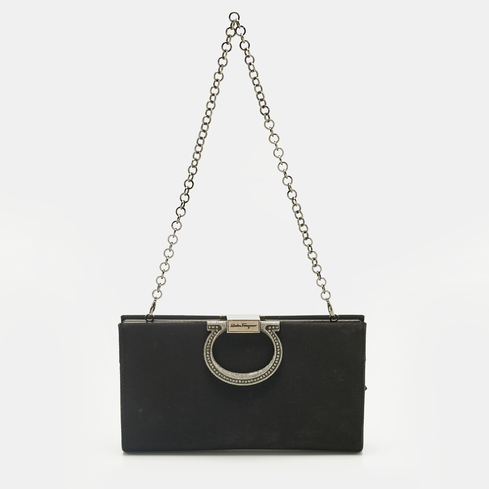 

Salvatore Ferragamo Black Satin Musa Gancini Chain Clutch
