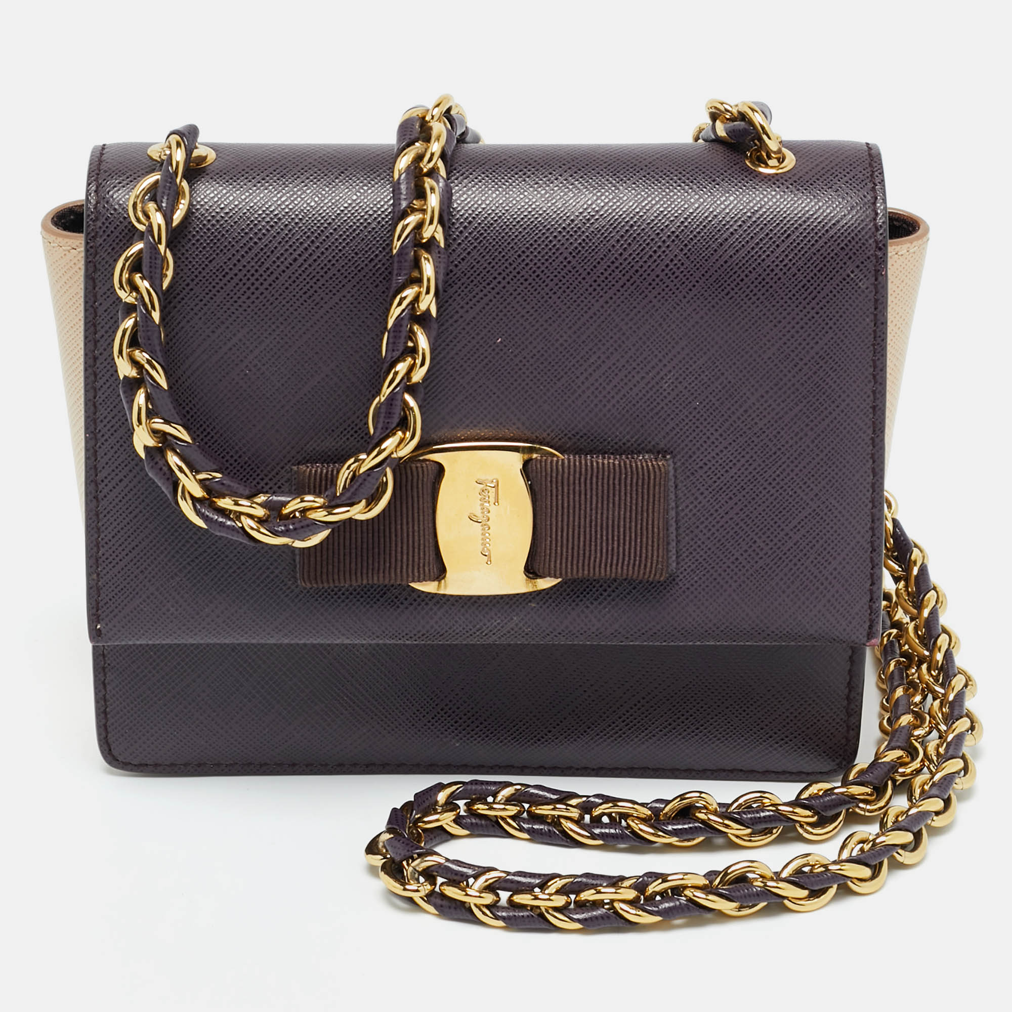 

Salvatore Ferragamo Purple/Beige Leather Mini Ginny Crossbody Bag