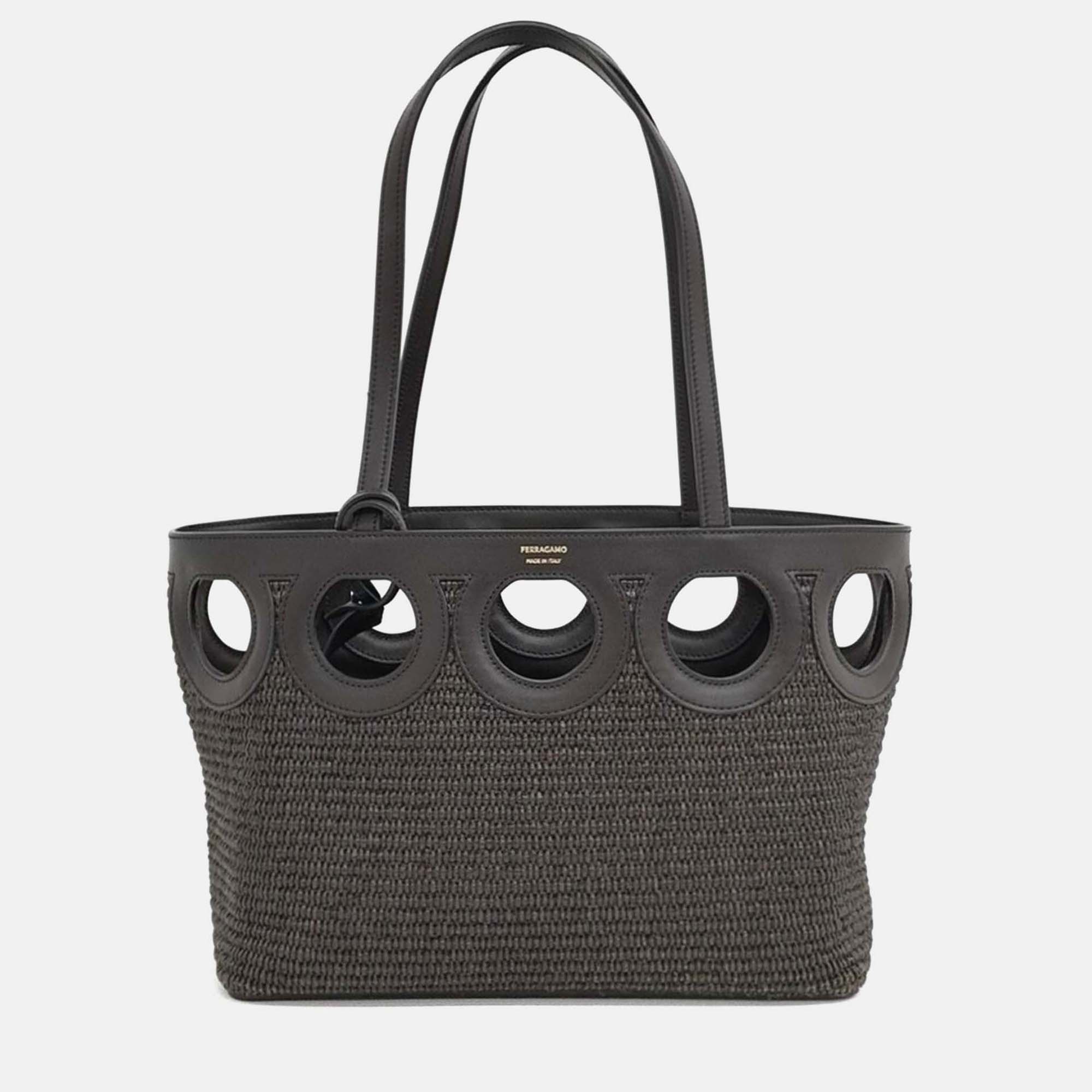 Pre-owned Ferragamo Brown Leather And Raffia Tote Bag