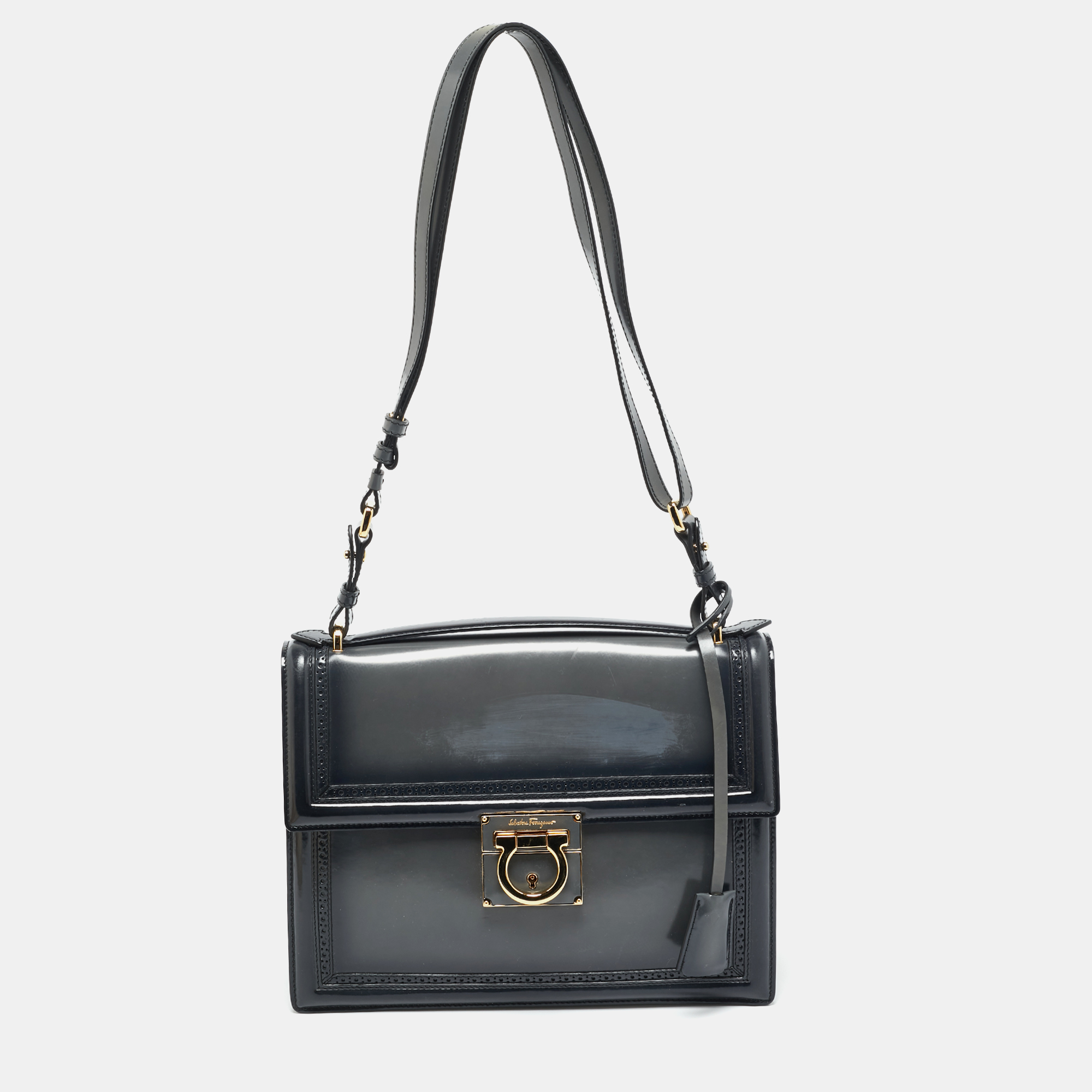 

Salvatore Ferragamo Marisol Grey Glazed Leather Top Handle Bag