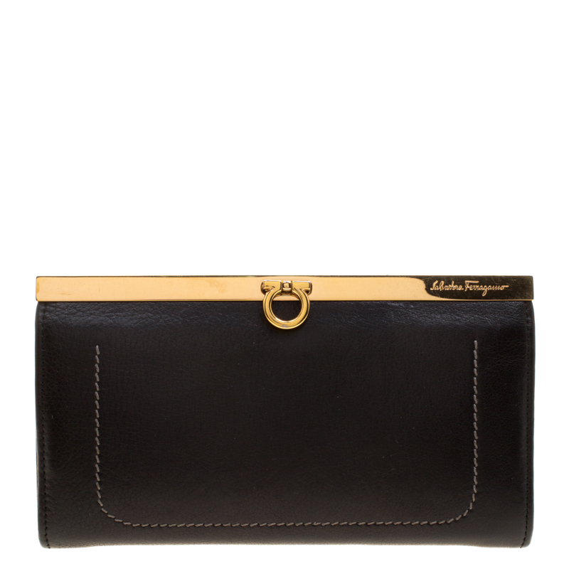 Pre Owned حقيبة كلتش سالفاتوري فيراغامو جلد أسود بإطار