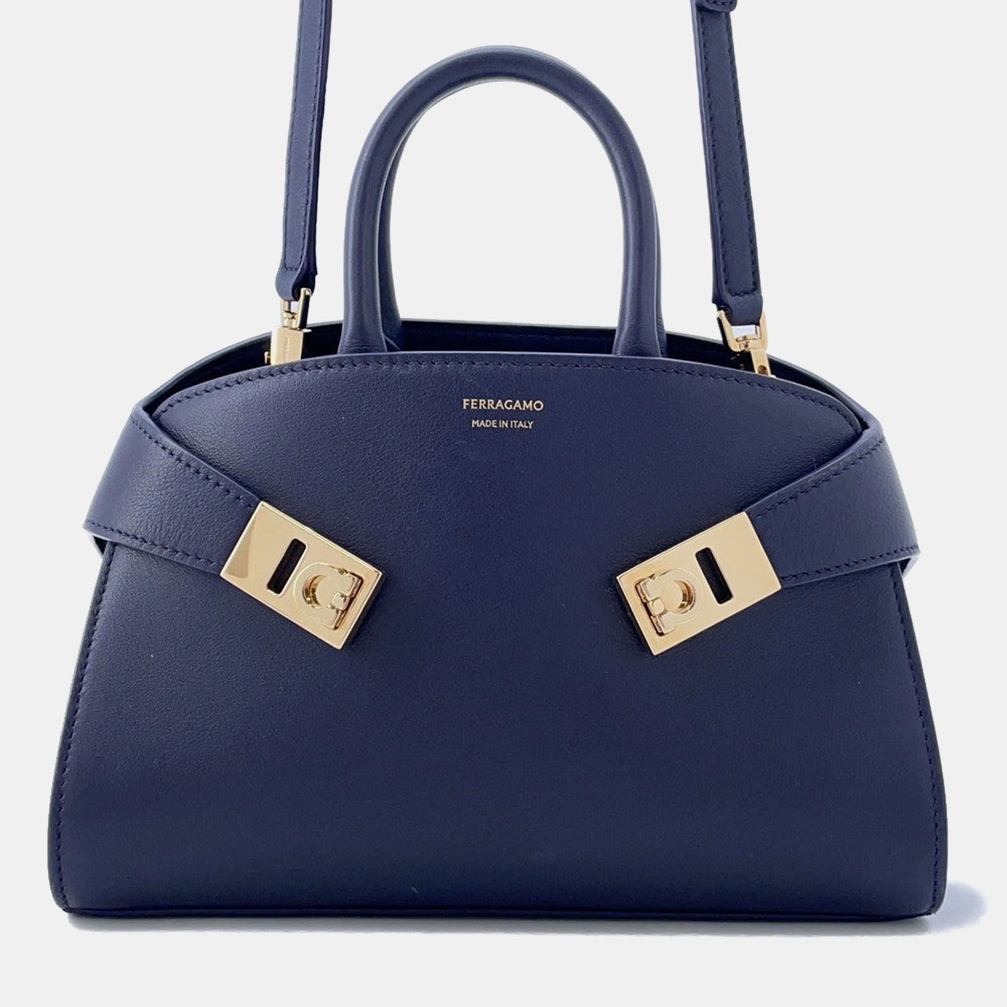 

Ferragamo Hug 2-Way Handbag Midnight Calf Leather Size, Blue