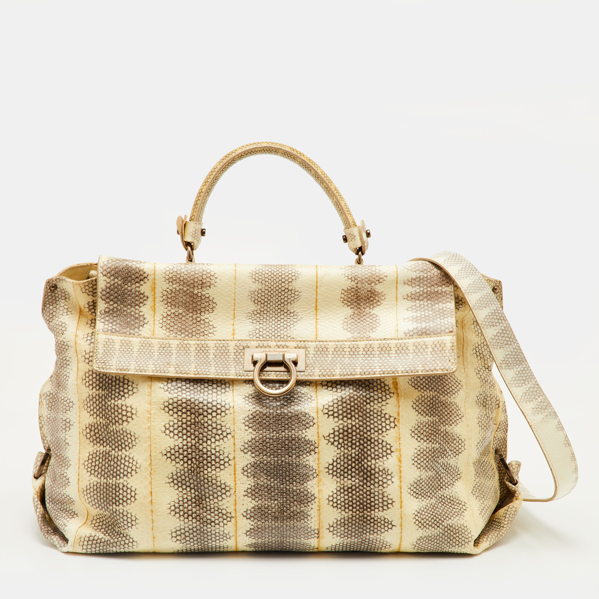 

Salvatore Ferragamo Sofia Beige Large Snakeskin Top Handle Bag