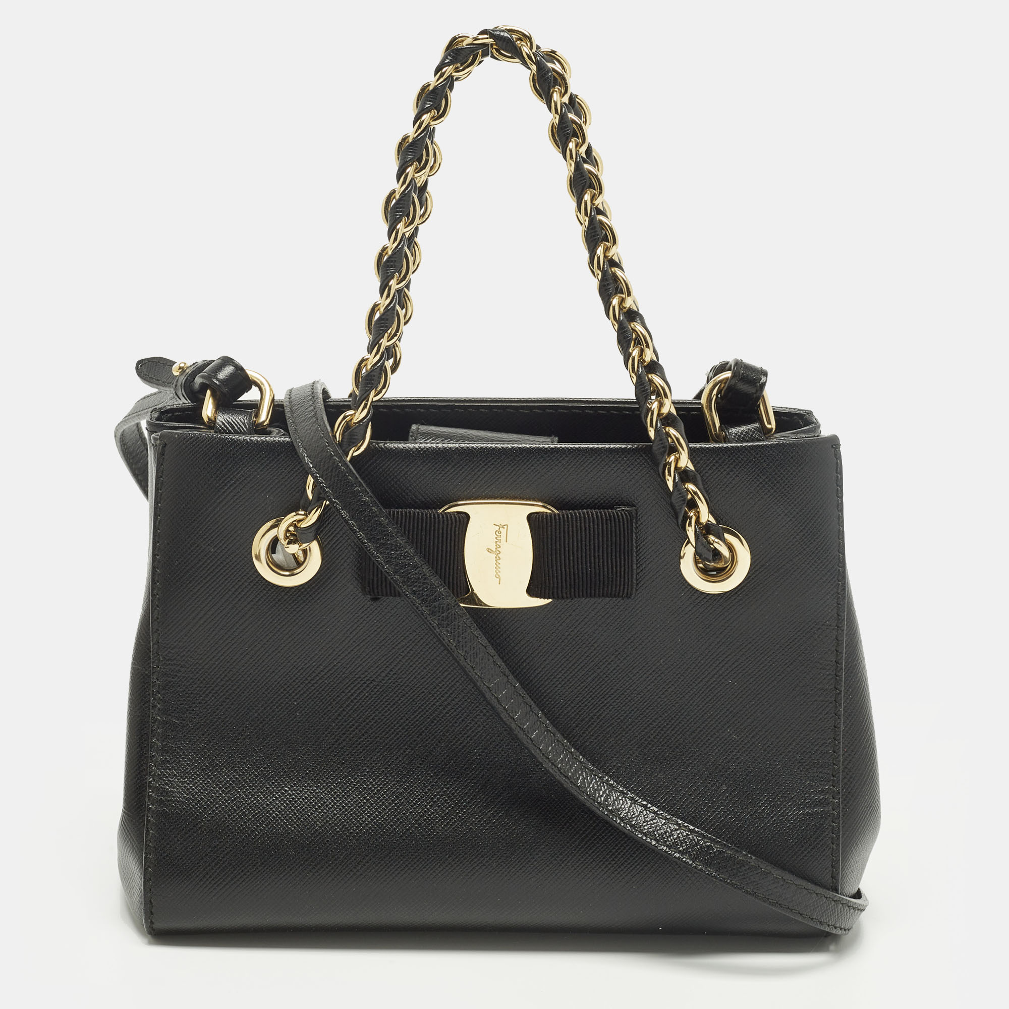 

Salvatore Ferragamo Melike Vara Bow Mini Black Leather Chain Tote