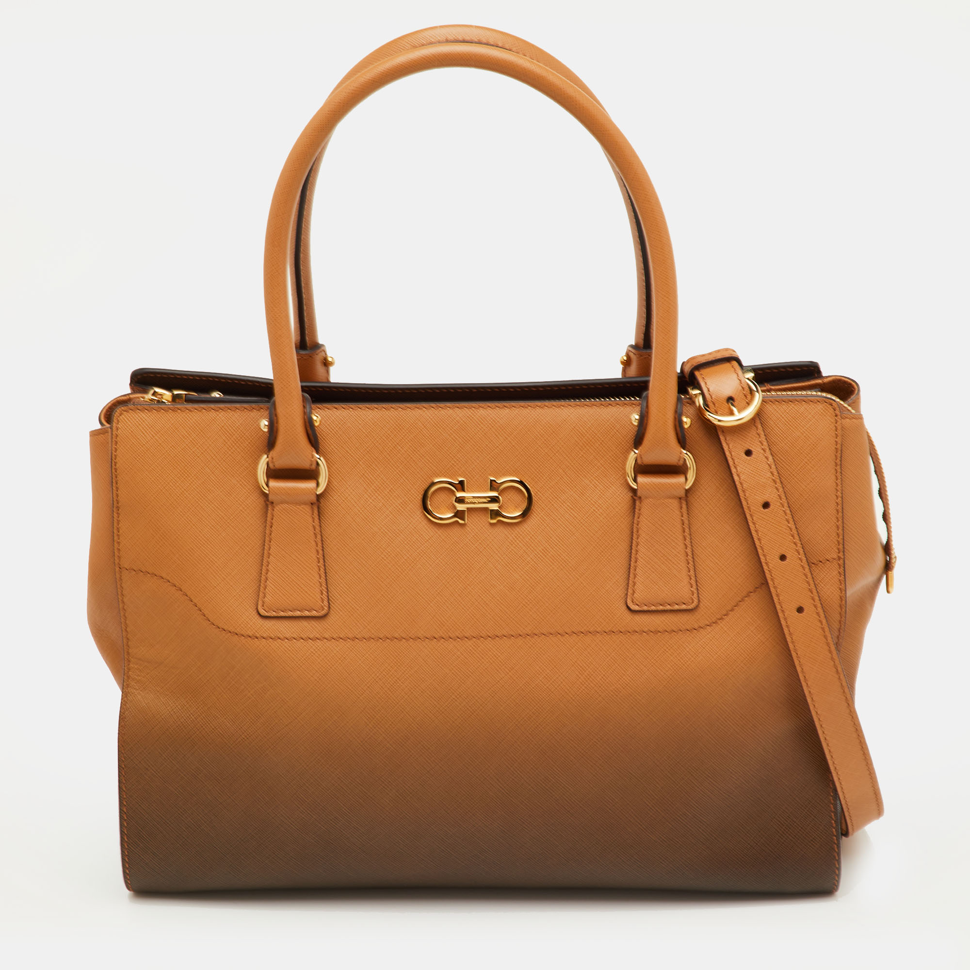 Pre-owned Ferragamo Gancio Brown Ombre Saffiano Leather Gradient Effect Tote