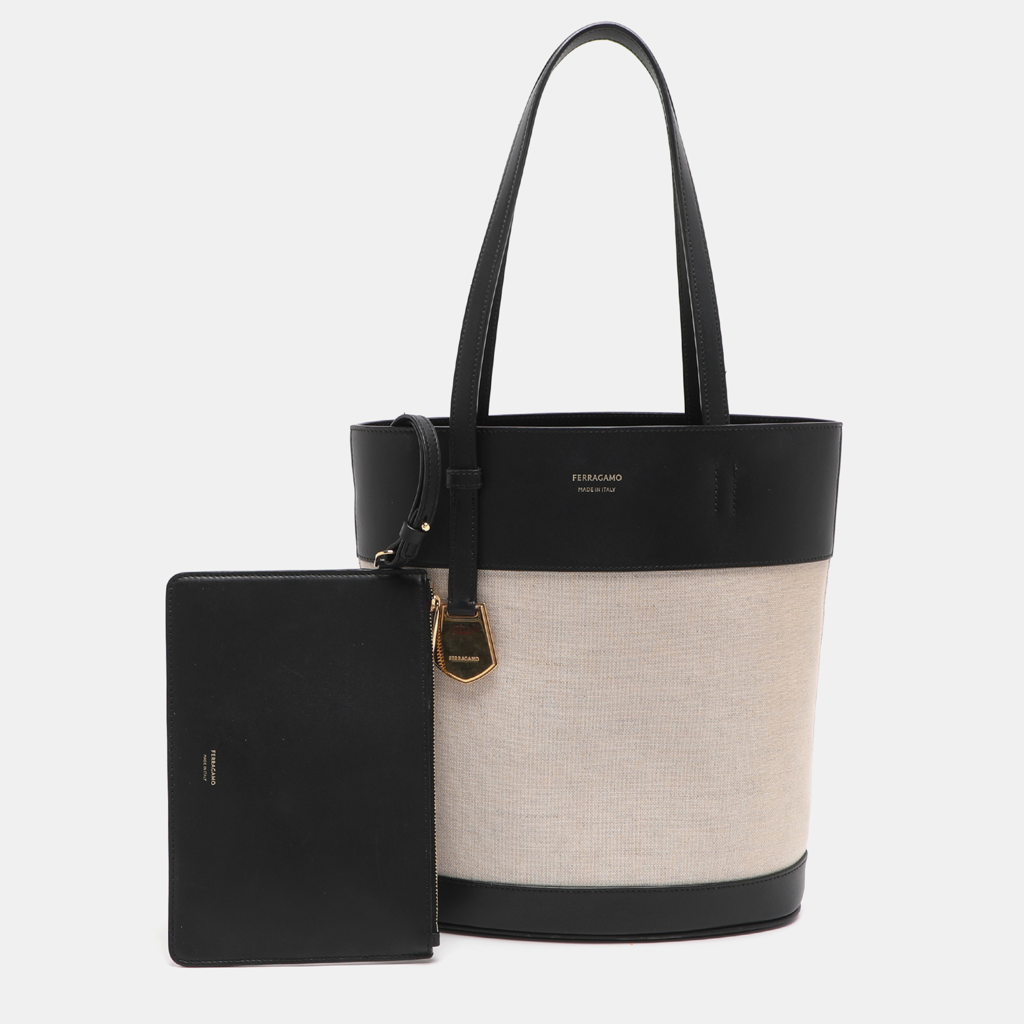 Pre-owned Ferragamo Charming Beige/black Canvas And Leather Tote In Sand