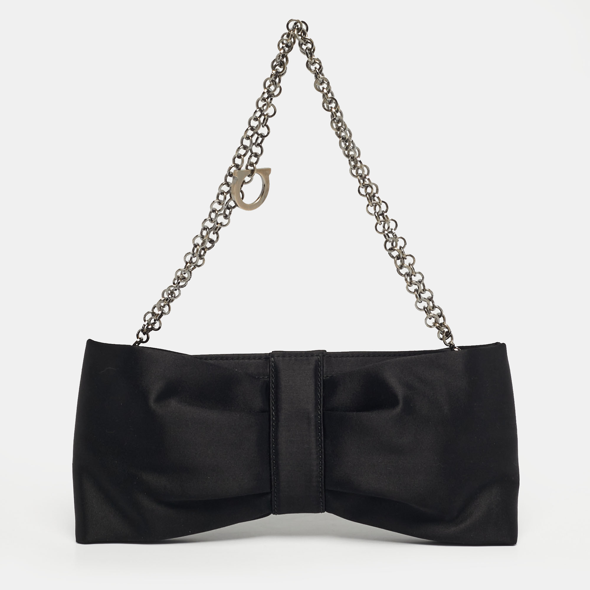 

Salvatore Ferragamo Bow Black Satin Chain Clutch