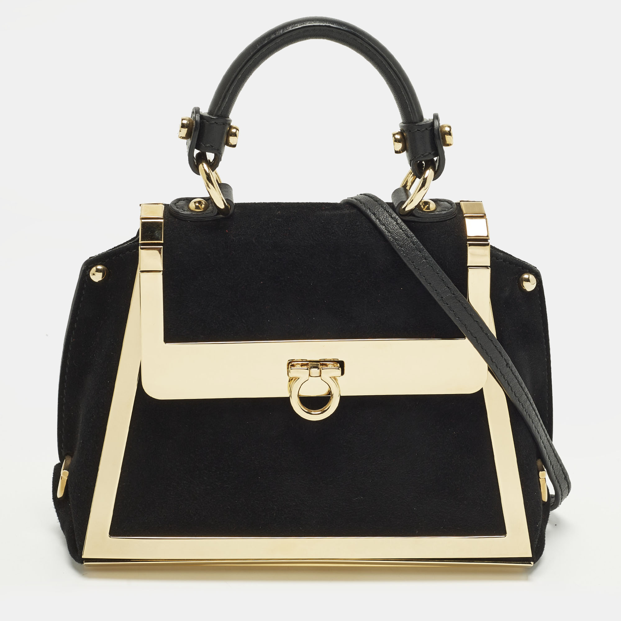 

Salvatore Ferragamo Sofia Mini Black/Gold Suede and Metal Top Handle Bag