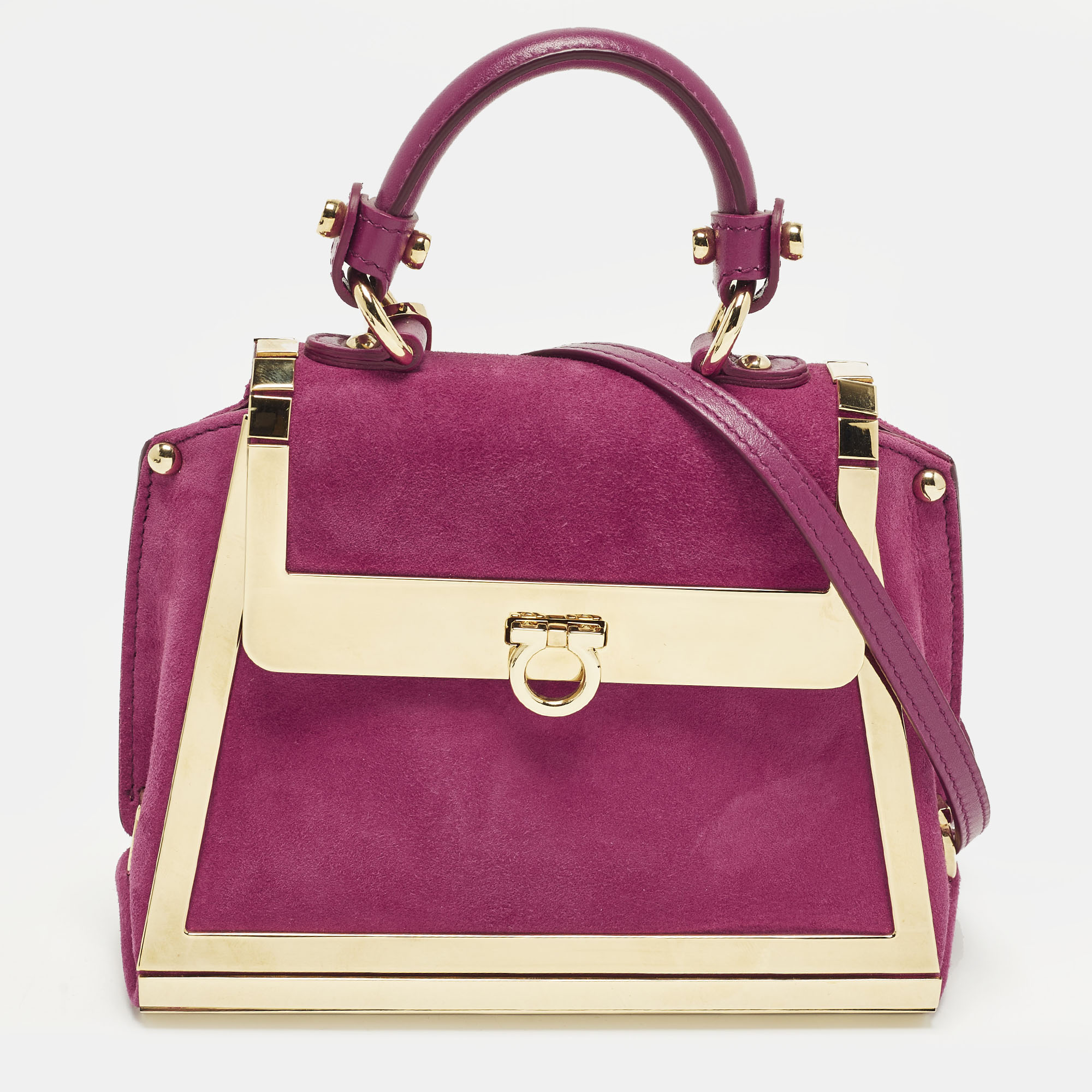 

Salvatore Ferragamo Sofia Mini Magenta Metal and Suede Top Handle Bag, Pink