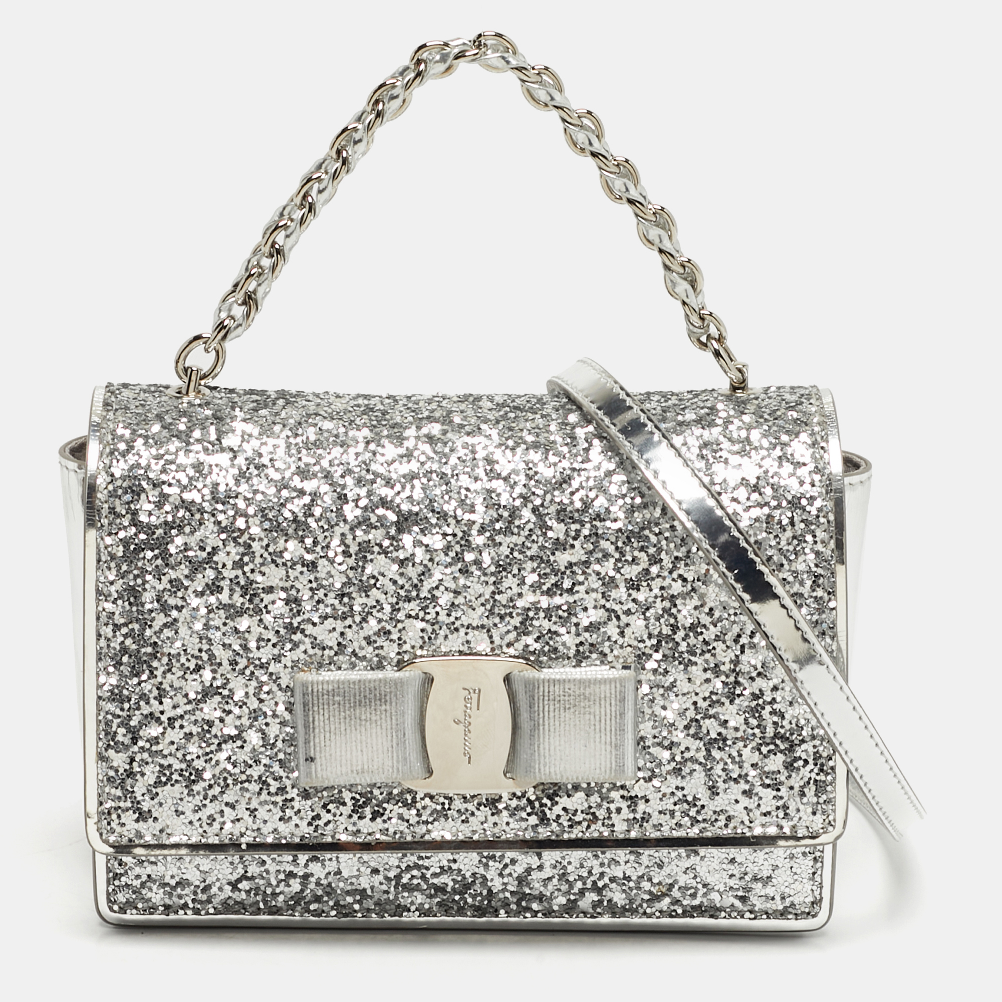 

Salvatore Ferragamo Silver Glitter and Laminated Leather Top Handle Bag