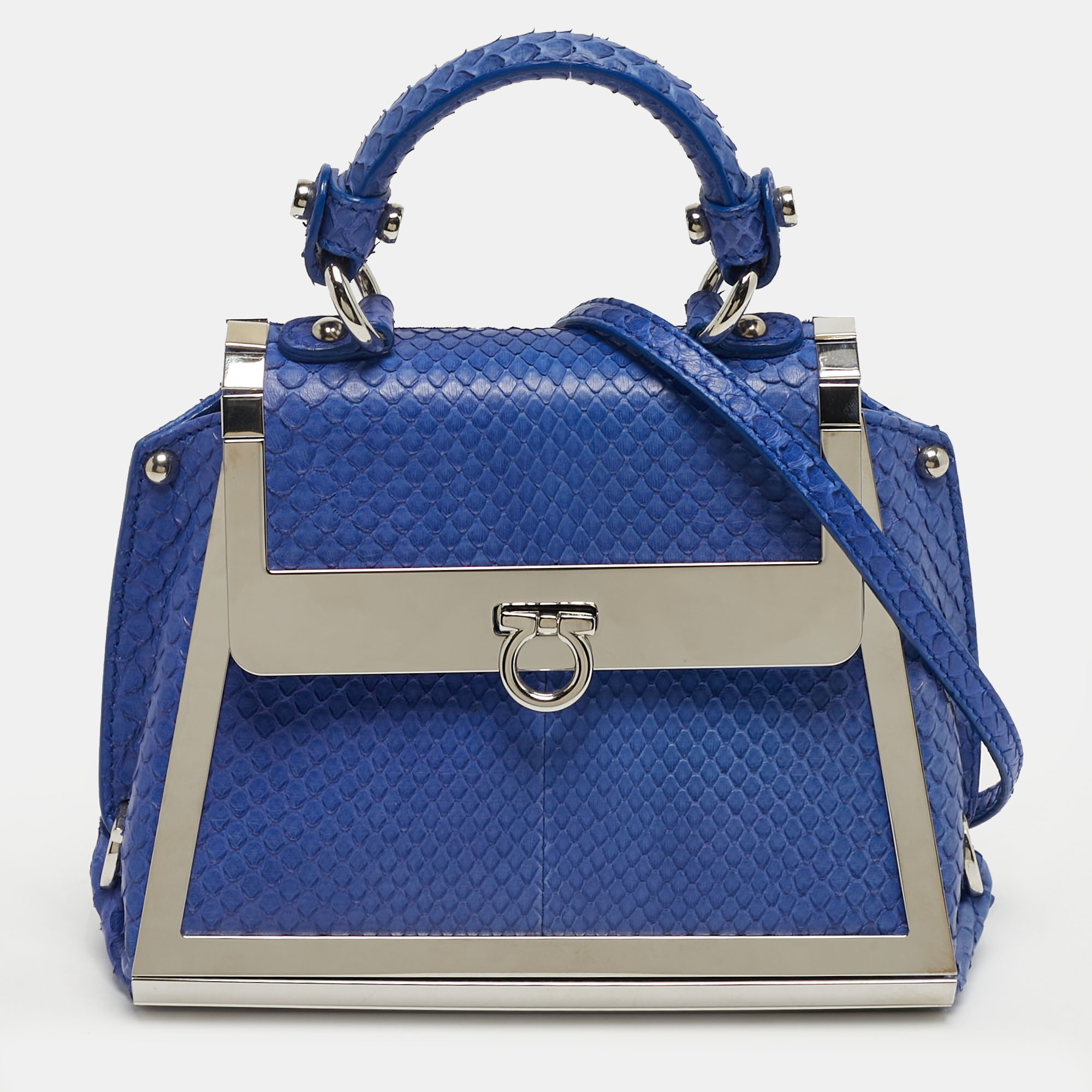 Pre-owned Ferragamo Sofia Mini Blue Python Metal Frame Top Handle Bag