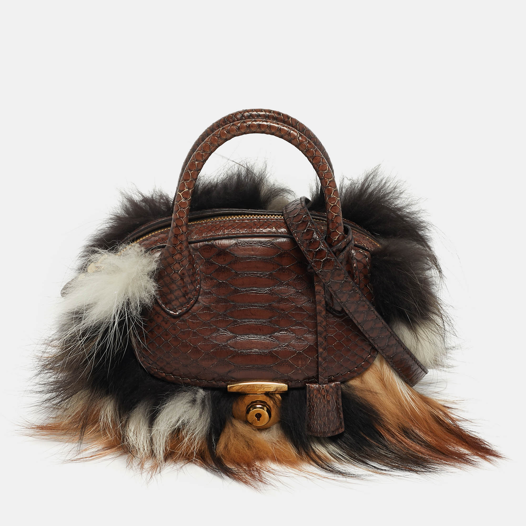 

Salvatore Ferragamo Fiamma Brown Python and Fox Fur Satchel