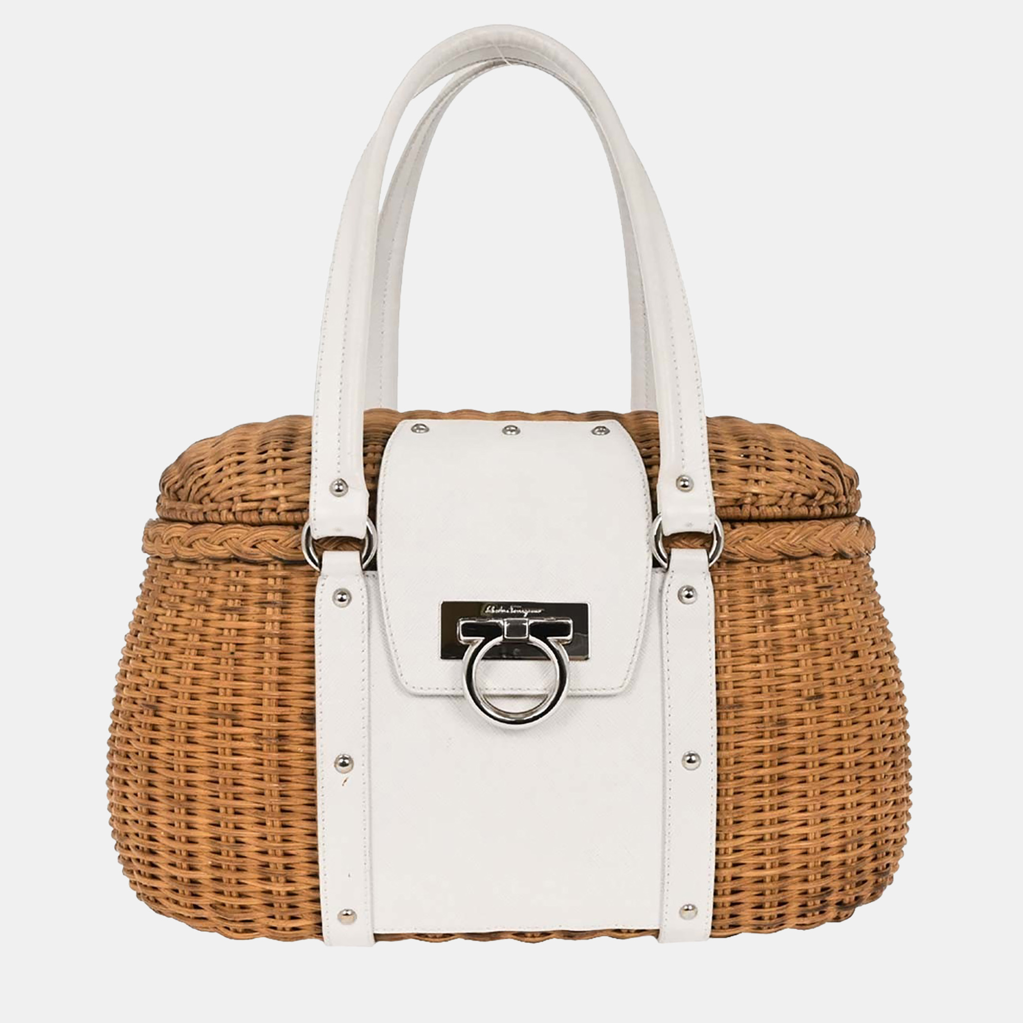 

Salvatore Ferragamo White Rattan Gancini Handbag, Beige