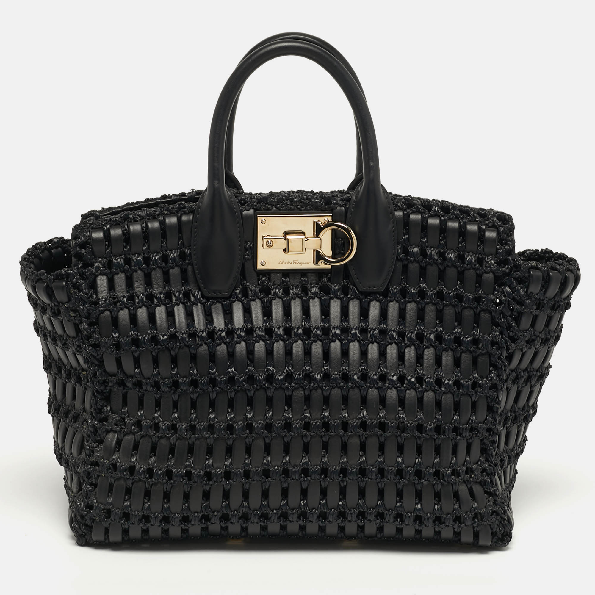 

Salvatore Ferragamo Studio Black Woven Leather and Straw Satchel
