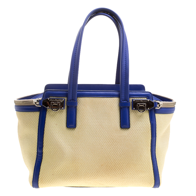 Pre Owned Salvatore Ferragamo Beige/Blue Canvas and leather Verve Tote