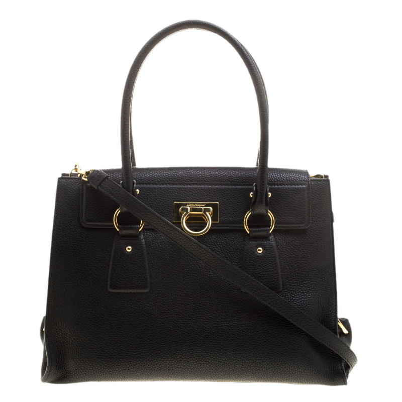 Pre Owned Salvatore Ferragamo Black Leather Gancio Lock Tote