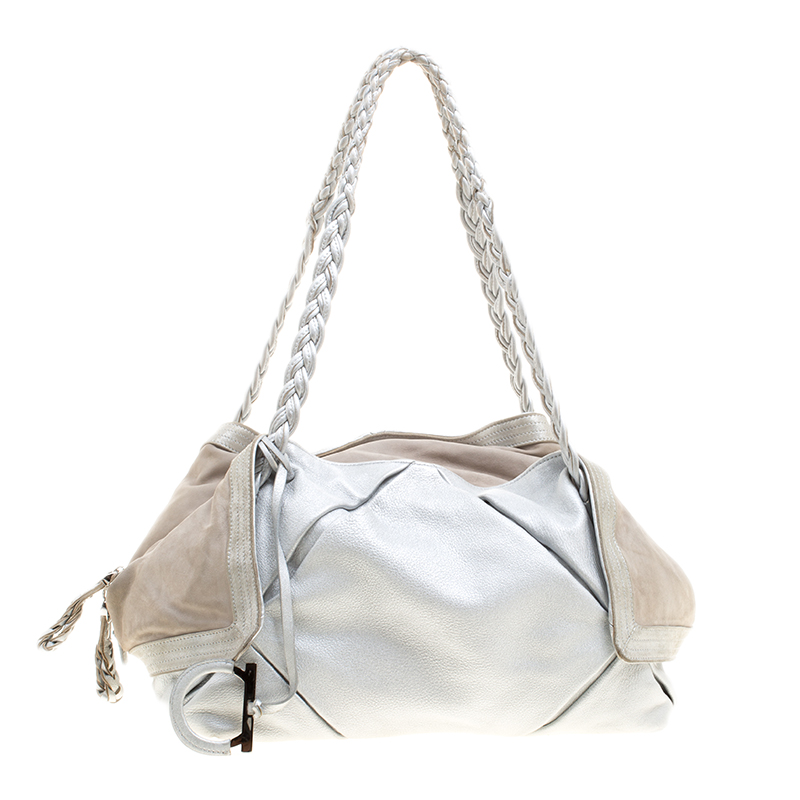 Pre Owned Salvatore Ferragamo Silver Leather and Suede Bowling Bag