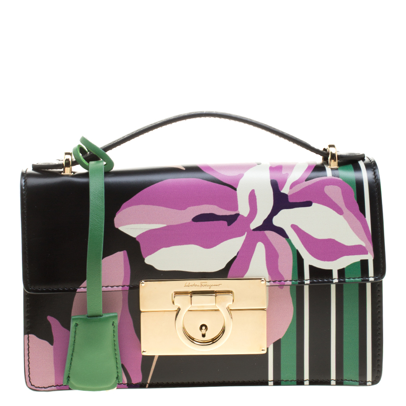 Pre Owned Salvatore Ferragamo Black Floral Painted Leather Aileen Top Handle Bag