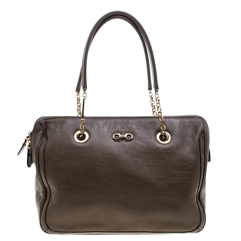 Pre Owned Salvatore Ferragamo Brown Leather Boston Bag