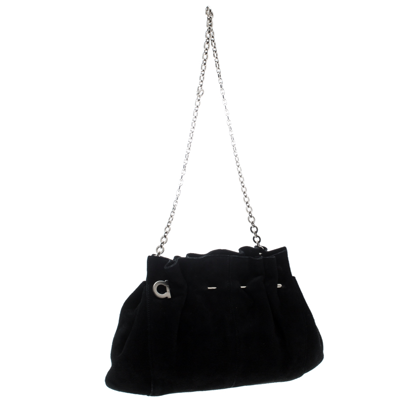 Pre-owned Salvatore Ferragamo Black Suede Chain Shoulder Bag