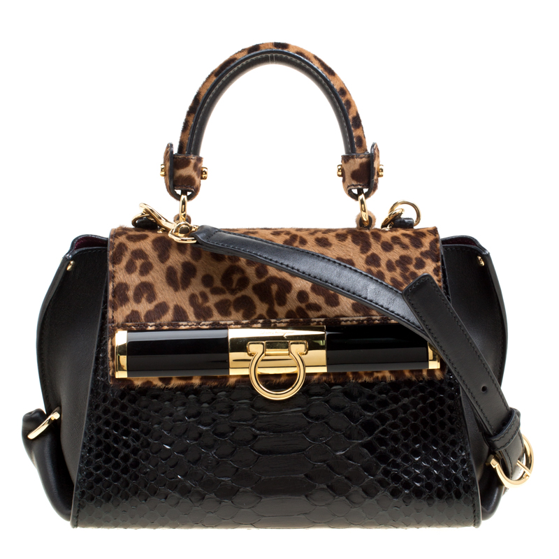 مملوكة مسبقًا Salvatore Ferragamo Black/Brown Leapard Print Calf Hair and Python Medium Sofia Top Handle Bag