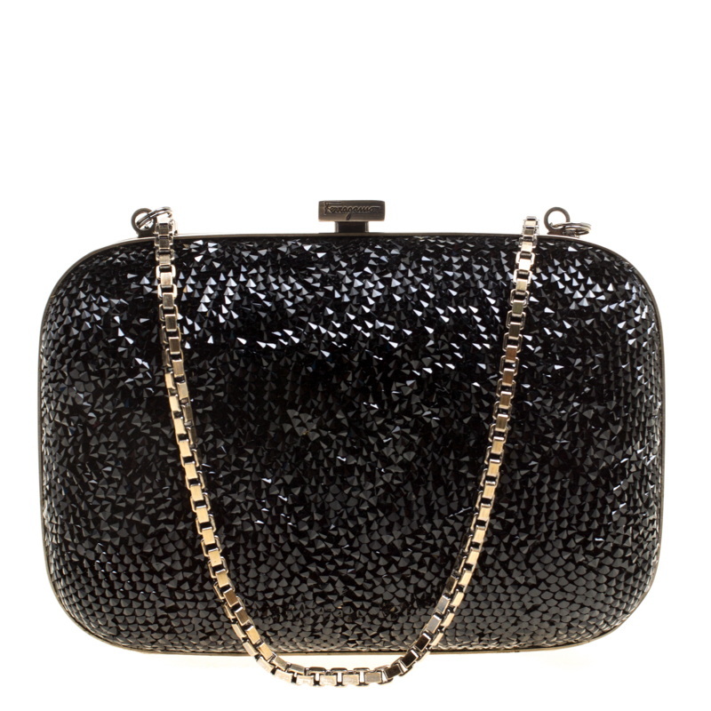 Pre Owned Salvatore Ferragamo Black Crystal Embellished Clutch
