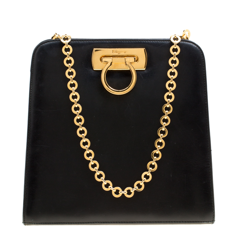 Pre Owned حقيبة كتف سالفاتوري فيراغامو جلد جلد سوداء