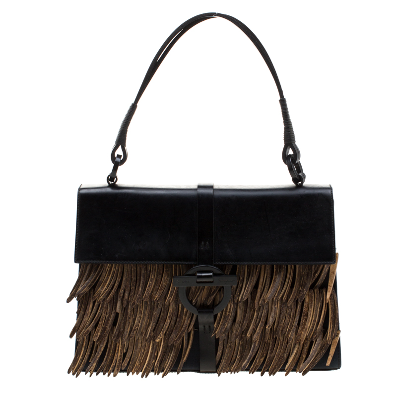 مملوكة مسبقًا Salvatore Ferragamo Black Leather and Canvas Wood Fringe Tote