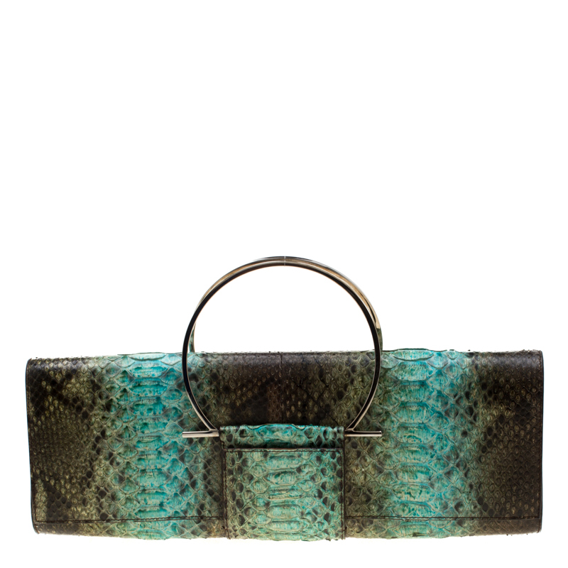 Click to view more detailed imagery on our partner's website Pre-owned Salvatore Ferragamo Multicolour Python Leather Ring Handle Clutch In Multicolor