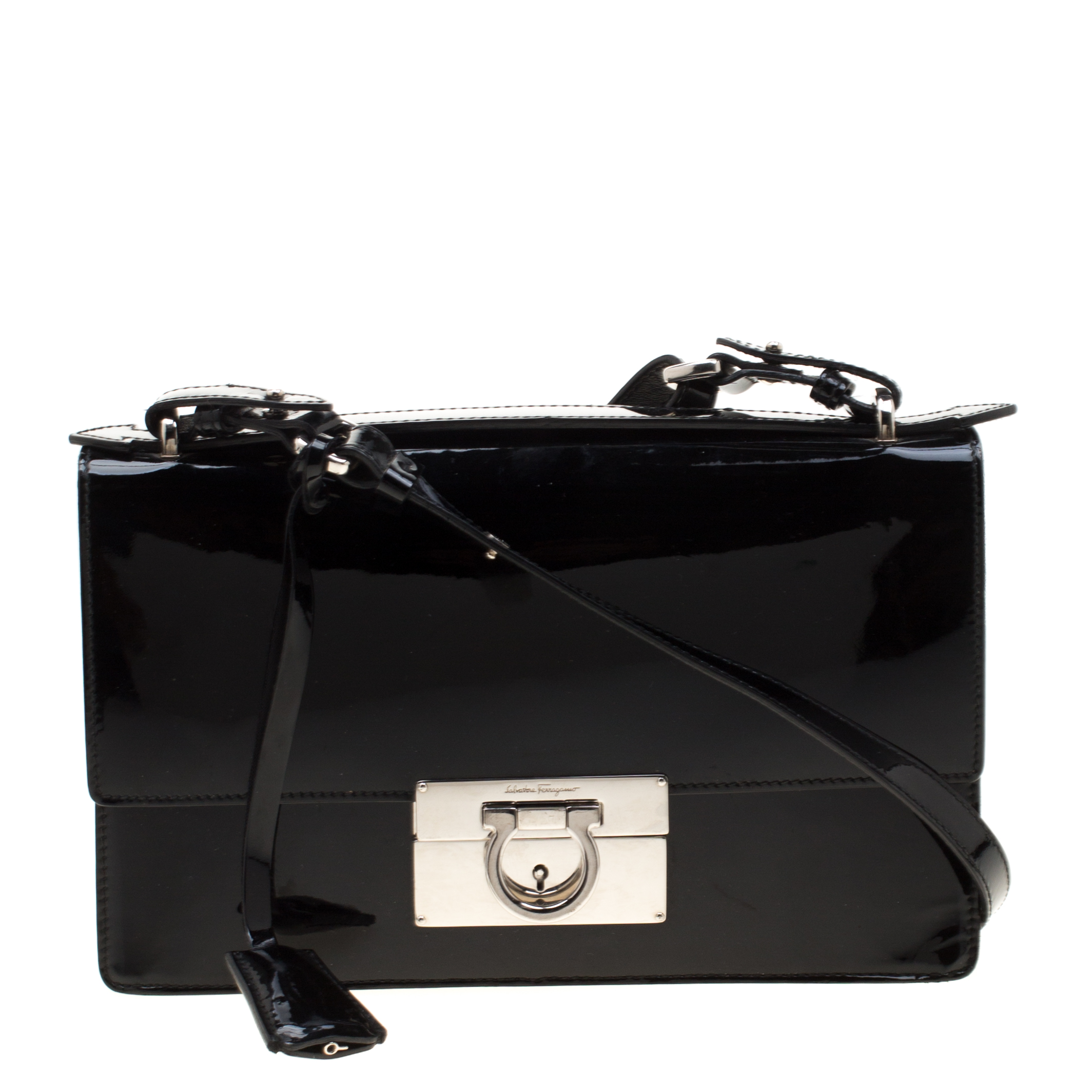 Salvatore Ferragamo Black Patent Leather Aileen Top Handle Bag