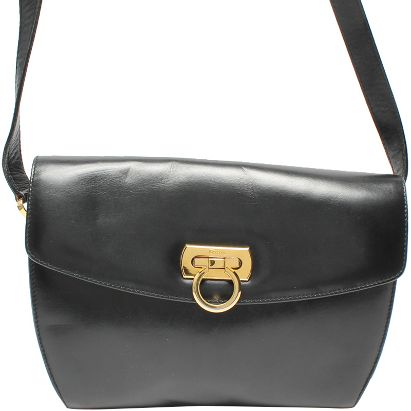 Salvatore Ferragamo Black Gancini Leather Crossbody Bag