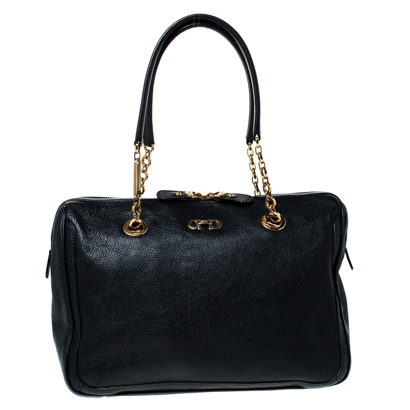 Pre Owned Salvatore Ferragamo Black Leather Gancini Chain Satchel