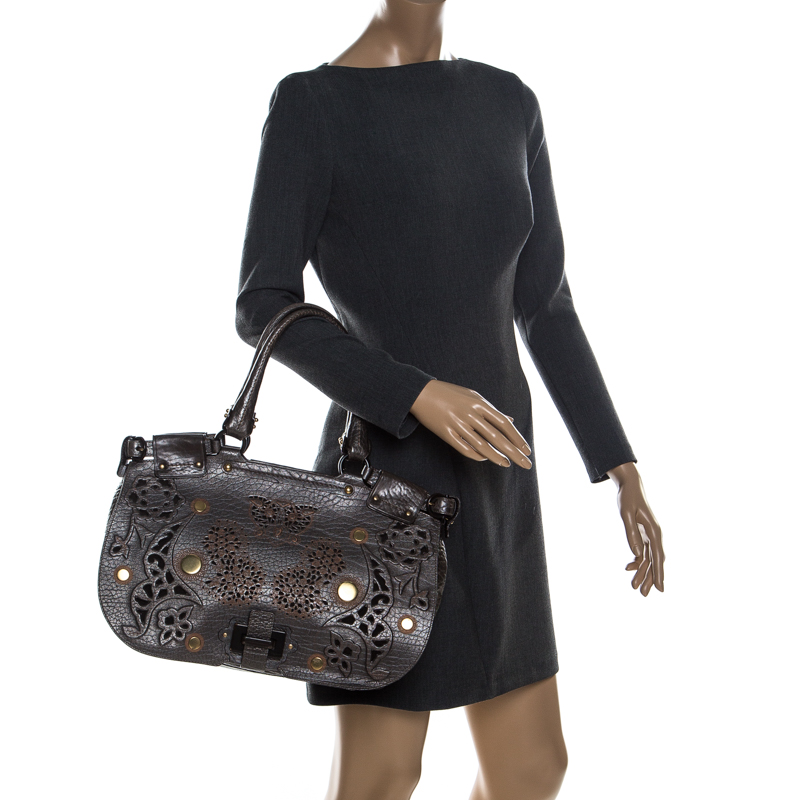 

Salvatore Ferragamo Metallic Grey Leather Laser Cut Studded Satchel