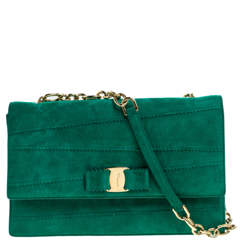 Pre Owned Salvatore Ferragamo Green Vara Zig Zag Suede Medium Ginny Flap Bag
